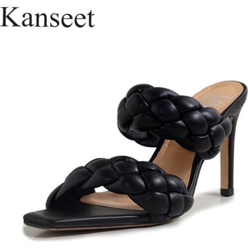 Kanseet 2021 New Arrival Summer Womans Slippers Black White Fashion Design Elegant Handmade Hot Sale 8.5cm High Heels Shoes
