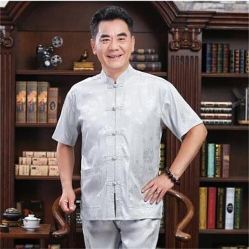 Summer silk middle-aged Tang suit men buckle blazer masculino short sleeve jaqueta masculina coats mens jacket Chinese style