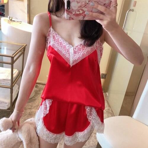 Fashion Women 2pcs Lace Sleepwear Sexy Strap Shorts Pajama Set Ladies Sleepwear Female Pajama Homme Satin Silk Party Set