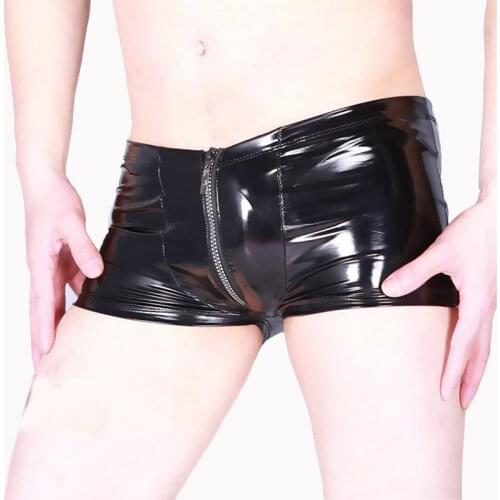 Mens Fashion Sexy Low Waist Imitation Leather Shorts Zipper Open Flat Pants Stage Show