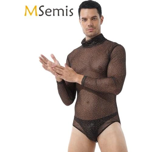 Mens Fashion Leopard Print Turtleneck Bodysuit Long Sleeve See-through Mesh Rompers Leotard Streetwear Stage Show Clubwear
