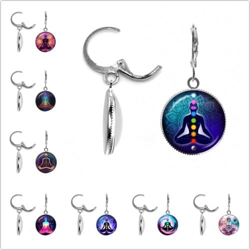 2021 New 7 Chakra Reiki Photo Dangle Earring Yoga Meditation Vintage Earrings Round Glass Dome Handmade Jewelry Gift