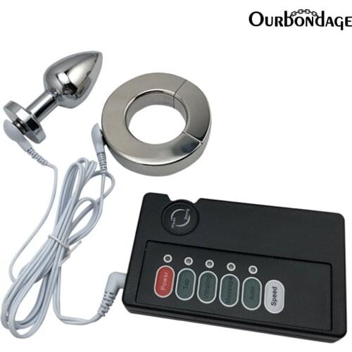 Ourbondage 5 Size Stainless Steel Electric Penis Stretcher Restraint Ball Weighter With 3 Size Butt Plug For Men Gay Sex Toy