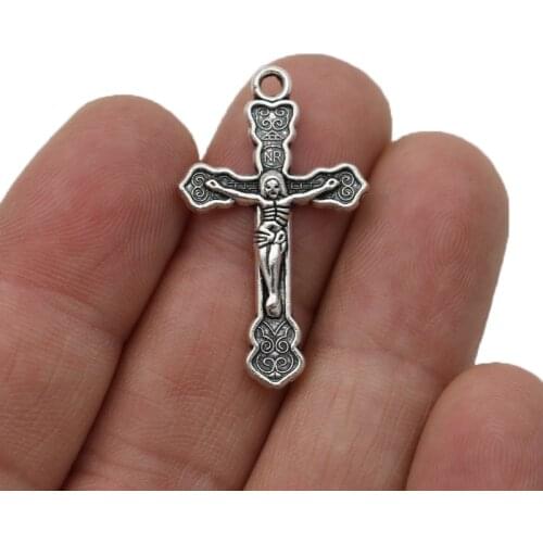 JAKONGO Antique Silver Plated Cross Jesus Charm Pendants for Jewelry Making Bracelet DIY Accessories 33x20mm 10pcs
