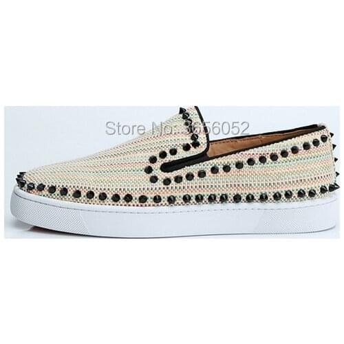 Shooegle Fashion Color Stripe Canvas Shoes Slip On Flat Platform Shoes Casual Slip On Male Footwear Rivet Studs Espadrilles Men