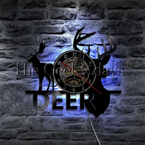 Deer Head Silhouette LED Light Vinyl Record Wall Clock Deer Antlers Decorative Lighting Wildlife Animal Modern Lamp