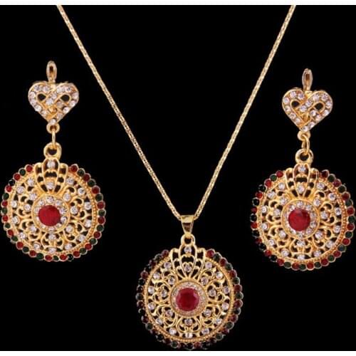 Vintage crystal Necklace earring set Pendantfor Women Moroccan Caftan Charm Sweater Chain African Ethnic Wedding Jewelry setGift