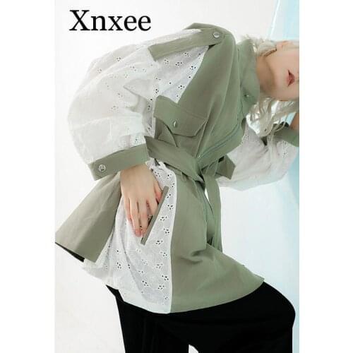 Xnxee 2019 New Spring Stand Collar Long Sleeve Back Lace Split Joint Large Size Jacket Women Coat Fashion