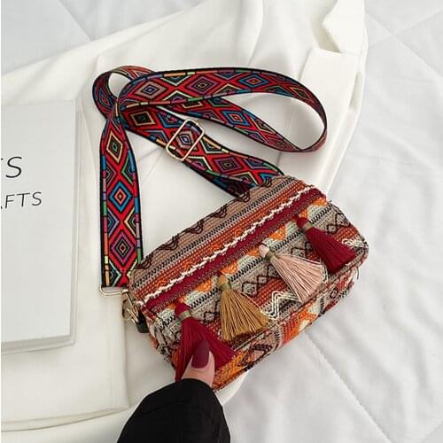 Ethnic Style PU Leather Crossbody For Women Wide Belt Messanger Bag Stripes Print Tassel Shoulder Bag Female Small Square Bag