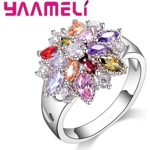 Summer Flowers Finger Rings for Women Gifts 925 Sterling Silver Rainbow Colored Cubic Zircon Stone Sparkling Jewelry
