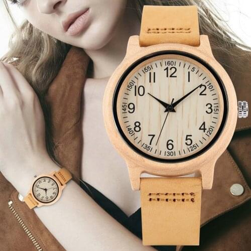 Womens Wooden Watch Maple Pattern Dial Wristwatch for Lady Lightweight Quartz Wooden Watch Leather Strap