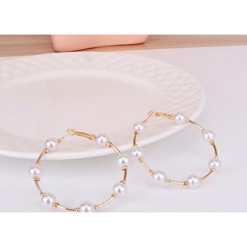 Hgflyxu Gold Color Imitation Pearls Hoop Earrings for Women 50mm Circle Beads Pearl Ear ring Fashion New Jewelry 2021 Hot