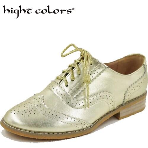 High Quality Genuine Leather Color Matching Oxford Shoes For Women Lace-up Brogues Oxfords Flats Women Big Size Sapatos Mulher