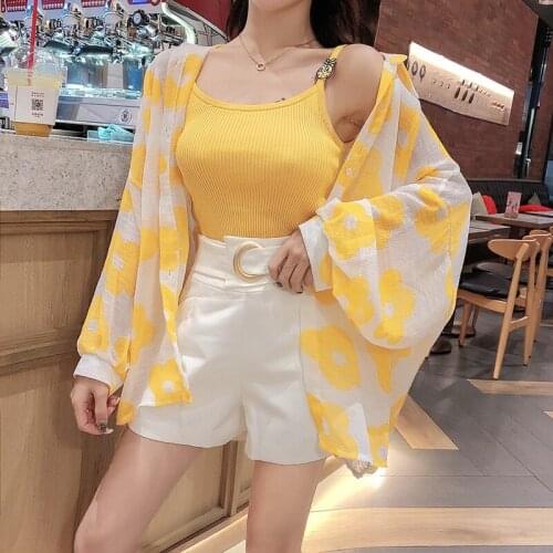 Autumn Fashion Outfits Female Knitted Sling Tops +Long Sleeve Floral Chiffon Shirt + Wide Leg Shorts 3 Piece Sets