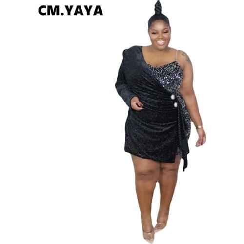 CM.YAYA Women Plus Size Dress Sequins One Shoulder Full Sleeve Zip Asymmetrical Skinny Dresses Sexy Night Clubwear Autumn Outfit