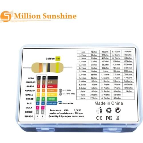 1500 / batch 1/4 power carbon film resistor classification kit 75 value 1 ohm-10M ohm resistor 5% resistor set EC28