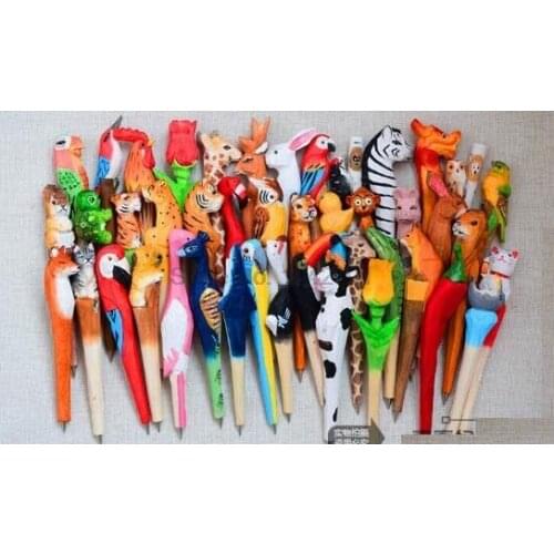 200pcs/lot Animal Wooden carving creative ballpoint pen wood Ball point pens handmade sculpture student ball-point free shipping