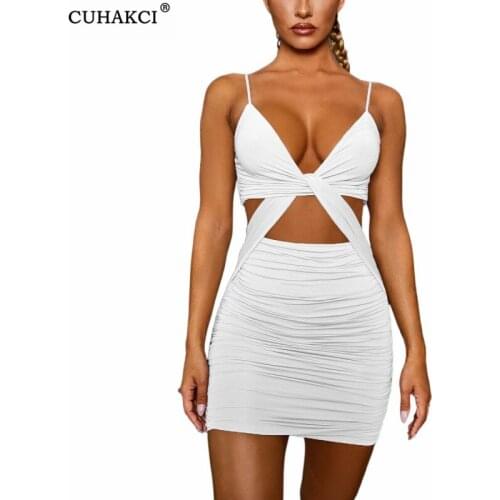 CUHAKCI Mini Dress Low Neck Women Sexy Cross Hollow Clubwear Bodycon Party Vestidos Backless Spaghetti Straps Drop Shipping