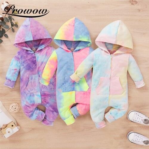 Prowow Tie Dye Babys Rompers Fashion Newborn Jumpsuits For Kids Baby Girls Winter Clothes Zipper Baby Hooded Sleepwear 2021 New