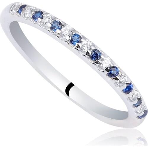 Genuine Women Sterling Silver 925 Ring 2-Tone Stone Blue & Clear CZ Stone Classic Engagement Band R151WB