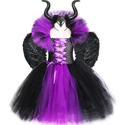 Halloween Witch Costume for Kids Carnival Party Clothes Evil Queen Cosplay Costumes Purple & Black Girls Fancy Tulle Tutu Dress