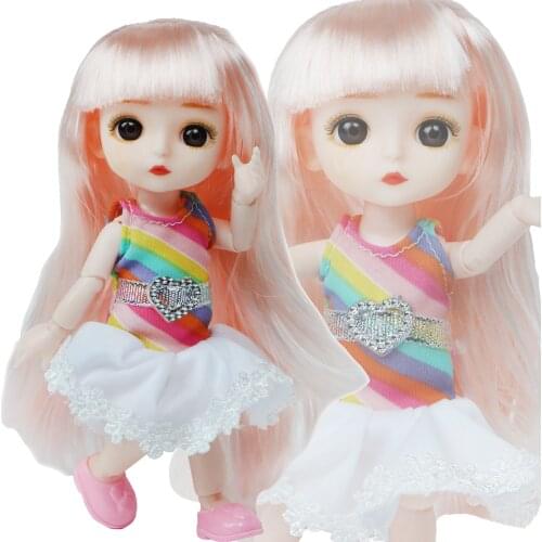 Lovely 16cm BJD Doll 13 Moveable Jointed Naked Body Pink Hair Colorful Mini Lace Dress + Cute Shoes Doll Accessories Kid Toy
