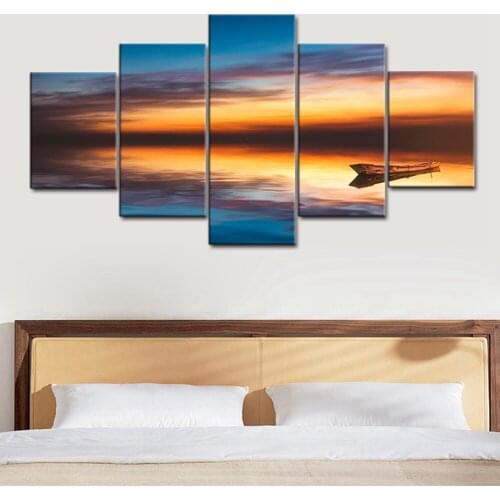 Multicolor Seascape and Landscape Wooden Boat on the Lake Picture for Home Decoration Yellow Dusk Poster Art Print Wall Art Gift