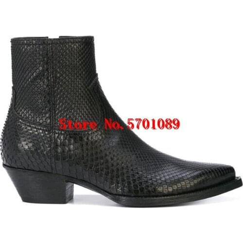 Man Paris Lukas Boots Python Skin Effect Black Leather Pointed Toe Side Zip Pull Tab Stacked Heel Lukas Boots Shoes