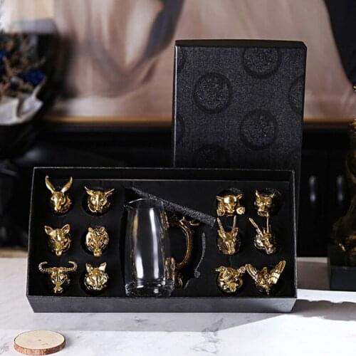 Twelve Zodiac Liquor Wine Glass Set Household Small Wine Glasses Hip Flasks Chinese Imitation European Drinkware Exquisite Gift
