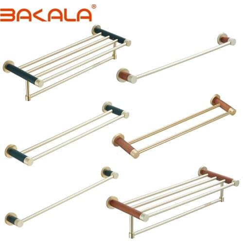 Luxury Mixed technology of Brass and wood bathroom hardware Towel rack Brushed Gold Wall Mounted Double pole Single ARM