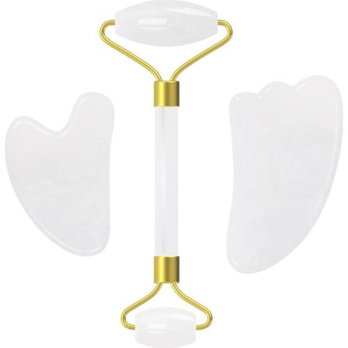 Natural White Jade Roller Guasha Board Scraper Set Face Roller Facial Massage Gua Sha Tool Stone Facial Massager with Box