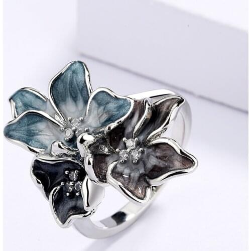 2021 Newest Creative Handmade Epoxy Enamel Blue Flower Ring For Ladies Party Birthday Wedding Jewelry Gift