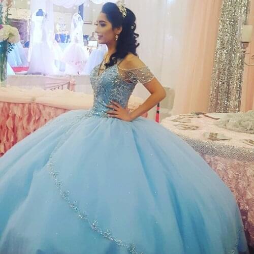 Luxury Puffy 2021 Cheap Quinceanera Dresses Ball Gown V-neck Tulle Beaded Crystals Party Sweet 16 Dresses Custom Made