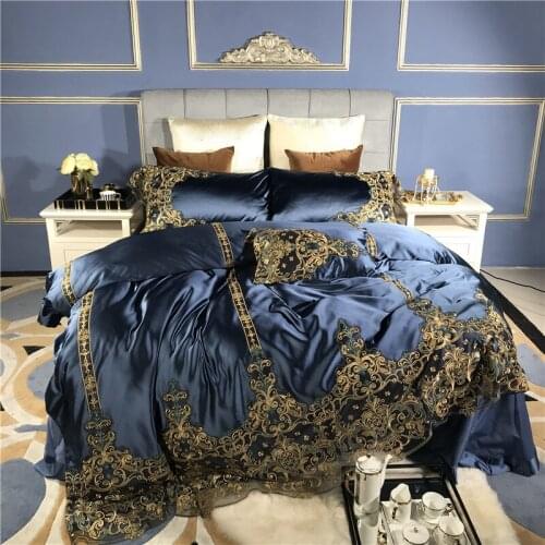 Blue Luxury Romantic Golden Lace Embroidery 100S Silk Cotton Royal Soft Bedding Set Duvet Cover Bed Sheet Pillowcases Linen Bed