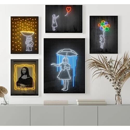Modern Neon Animal Canvas Poster Balloons Girls Print Painting Banksy Street Nordic Kid Bedroom Bar Wall Art Pictures Decor