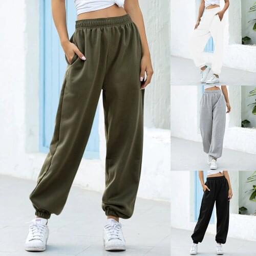 Women Casual Sweatpants Loose Elastic Waist Sports Pants Solid Sweatpants Baggy Ankle-length Trousers Black Gray High Waist 2020