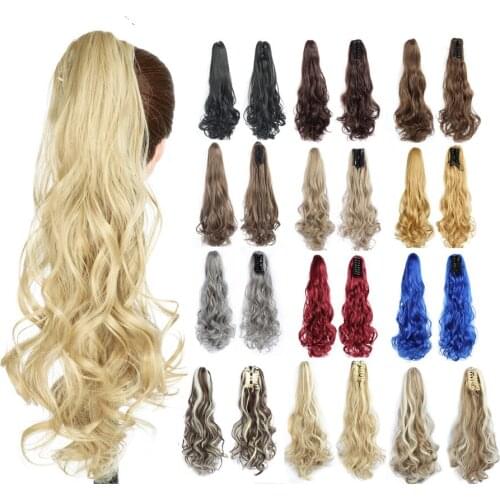 Ponytail Extensions Claw Clip Drawstring False Pigtail 22 inch Synthetic Curly Wavy False Tail Hairpiece Pony Attached
