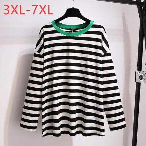New 2021 Spring Autumn Plus Size Tops For Women Large Loose Long sleeve Black Whie Stripe Cotton T-shirt 7XL