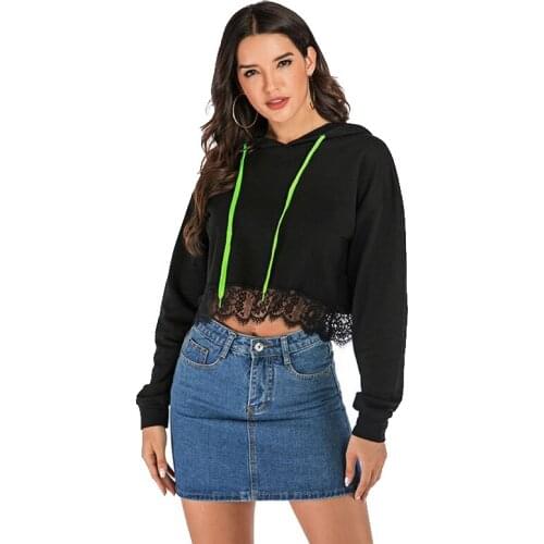 Women Solid Draw String Short Pullovers Fashion Ladies Lace Hooded Sweatshirt 2021 Autumn Winter New Loose Long Sleeve Top