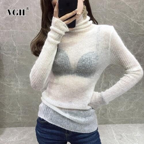 VGH Slim See Through Sweater For Women Turtleneck Long Sleeve White Solid Basic Sweaters Female 2020 Autumn Fashion New Style