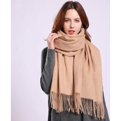 Winter 100% Real Wool Scarf Women Large Echarpe With Tassel Shawl and Wraps Warm Foulard Pashmina Solid Camel Pure Wool Scarves