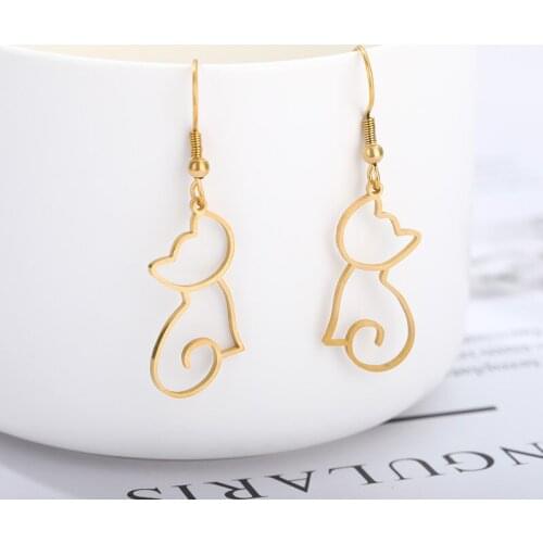 Gold Animal Cute Cat Earrings For Women Girls Sister Charms Stainless Steel Hook Jewelry Bijoux femme Christmas New Year Gifts