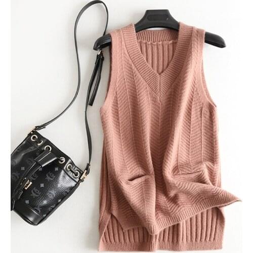 2020 Cashmere Knitted White Womens Vest 2020 New Spring Solid Pocket Sleeveless Jacket Female Sweater Waistcoat Gilet Femme