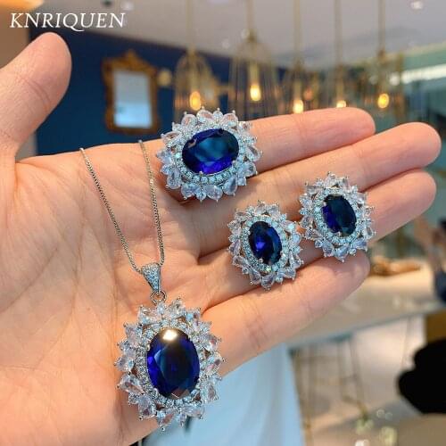 2021 Trend 925 Sterling Silver Sapphire Gemstone Pendant Necklace Earrings Ring Wedding Engagement Jewelry Sets for Girlfriend