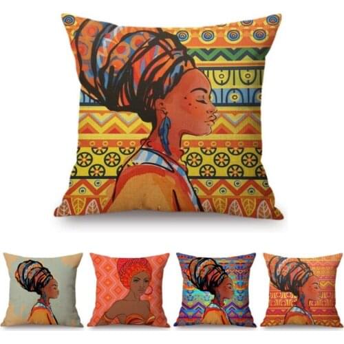 African Woman Lady Design Pattern Fashion Africa Ethnic Pattern Sofa Throw Pillow Case Cotton Linen Car Pillow Cushion Cover