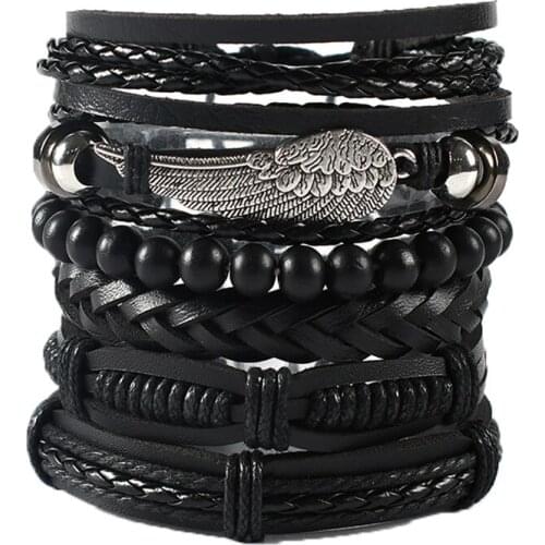 European&American Set Bracelet Woven Owl Wings Leather Bracelet Punk Mens Combination DIY Multi-Layer Bracelet Charm Bracelet