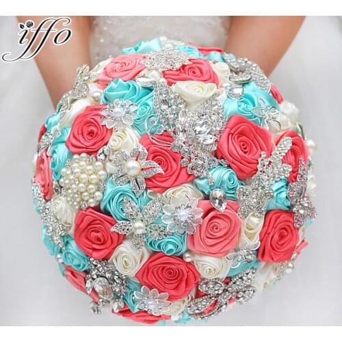 DIY brooch bouquet Silk Bride Bridal Wedding Bouquet Bridesmaid mint turquoise & Coral ivory Ribbon roses Customizable bouquets