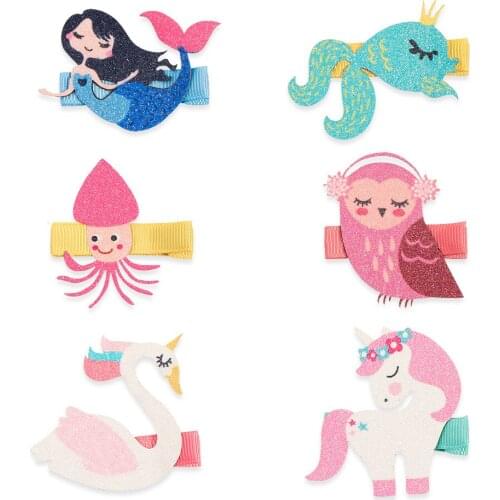 Boutique 10pcs Fashion Cute Glitter Unicorn Swan Owl Whale Octopus Mermaid Hairpins Cartoon Fairy Hair Clips Princess Headwear