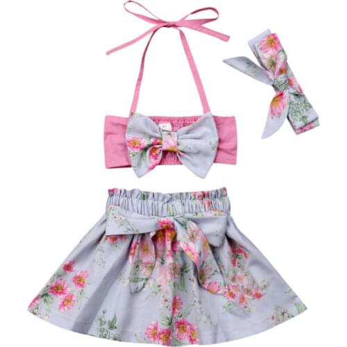 Boutique Girl Clothes 3pcs Toddler Girls Clothes Bow Halter Crop Tops+Flowers Skirts Outfits Sunudress