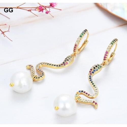 GuaiGuai Jewelry Natural Keshi Pearl Rainbow Multi Color CZ Paved Dangle Snake Charm Drop Earrings For Women
